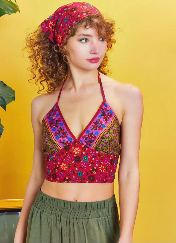 Backless Halter Neck Multi Color Cropped Blouse Red