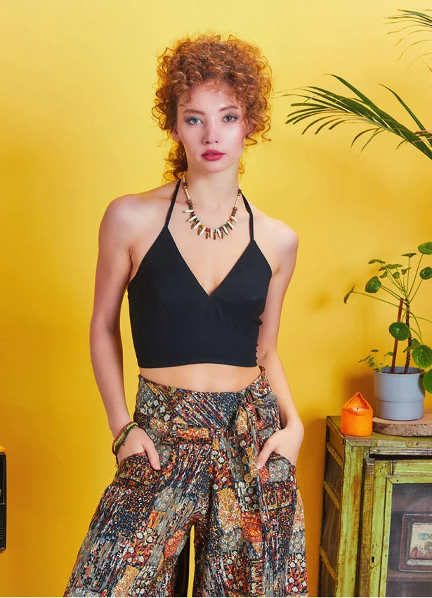Backless Halter Neck Cropped Blouse Black
