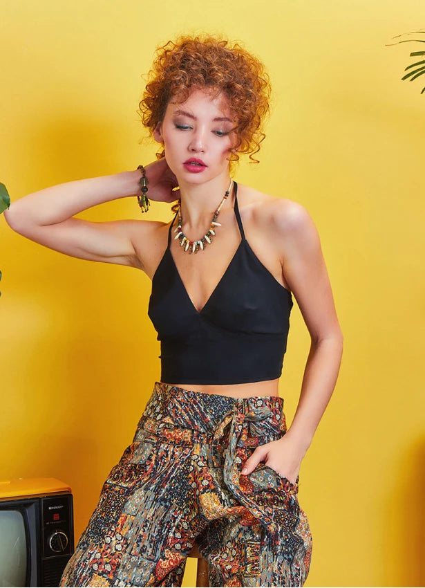 Backless Halter Neck Cropped Blouse Black
