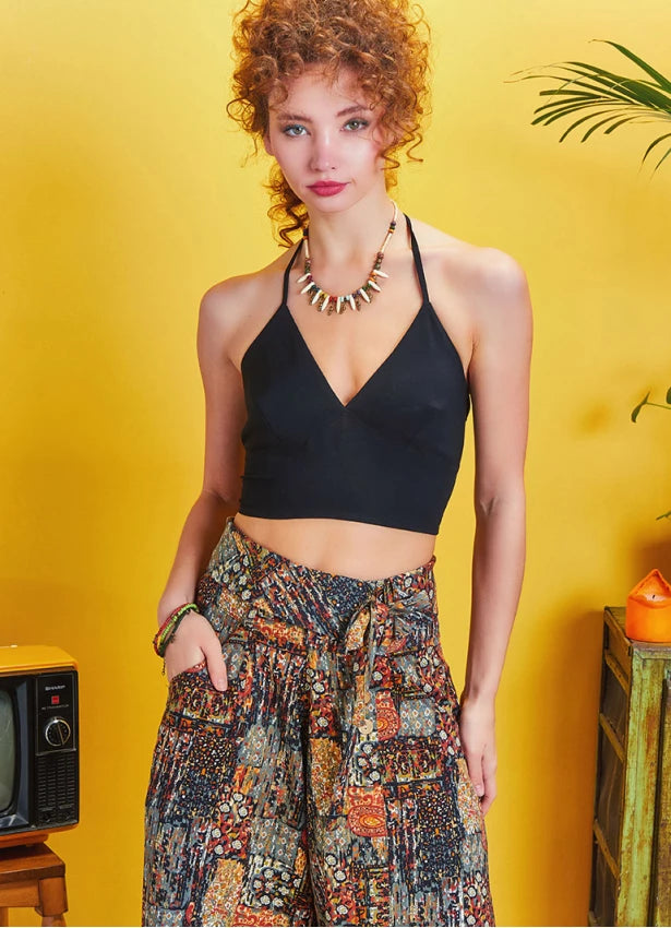 Backless Halter Neck Cropped Blouse Black