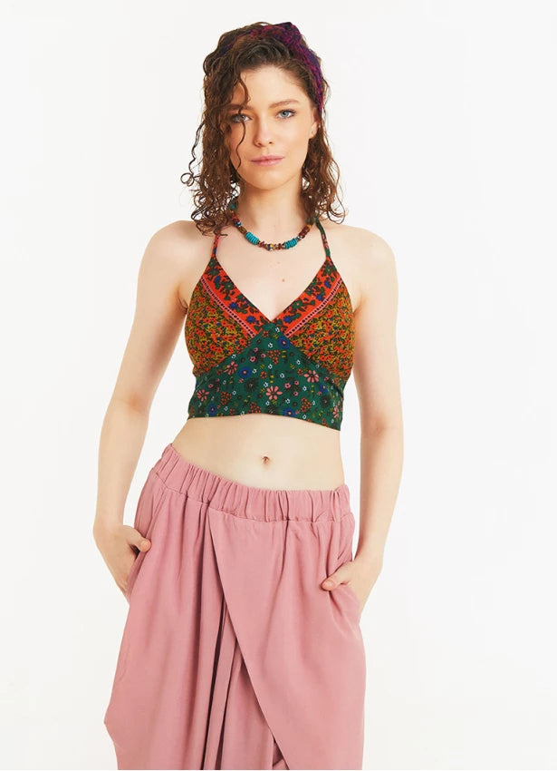 Backless Halter Neck Multi Color Cropped Blouse Green