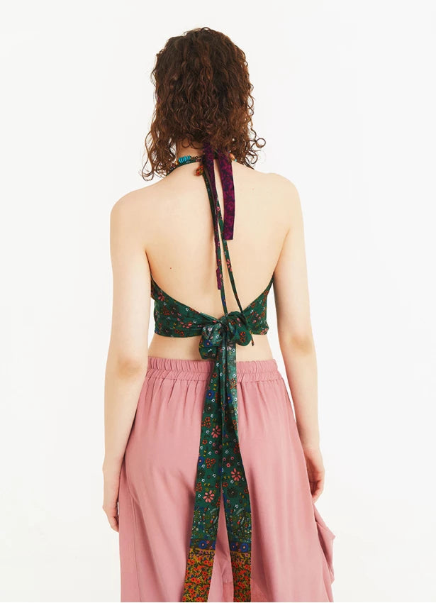 Backless Halter Neck Multi Color Cropped Blouse Green