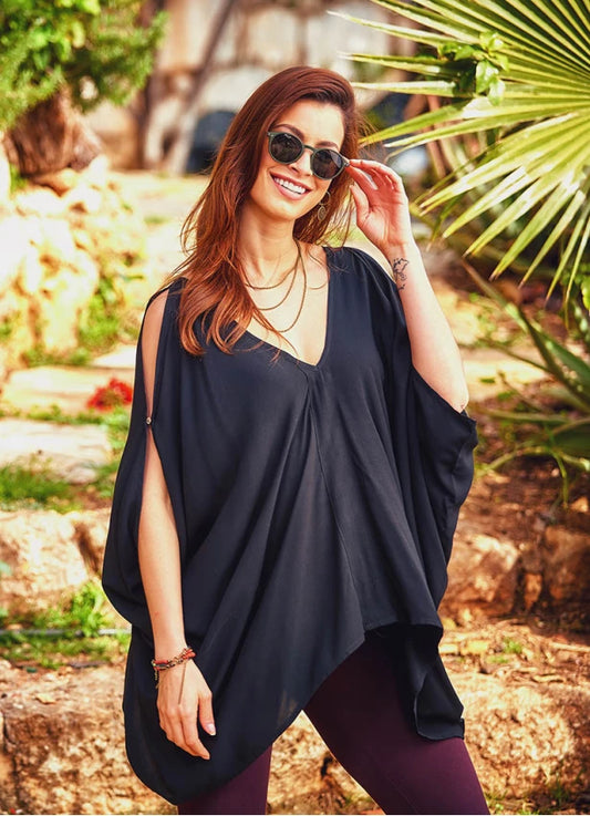 V Neck Open Shoulder Blouse Black