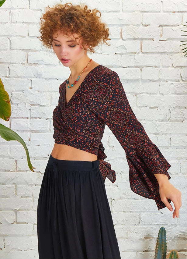 Gypsy Style Bell Sleeve Crop Top - Authentic Partterned