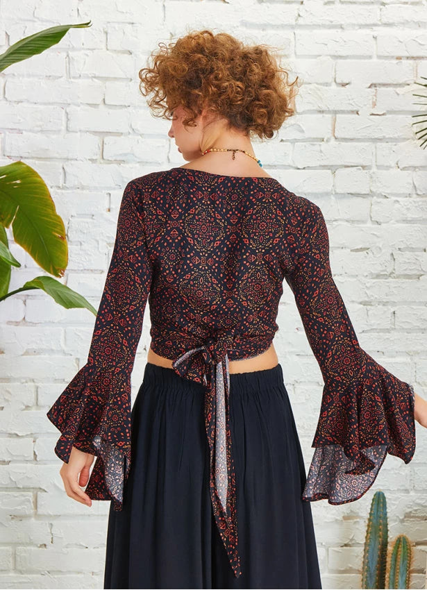 Gypsy Style Bell Sleeve Crop Top - Authentic Partterned
