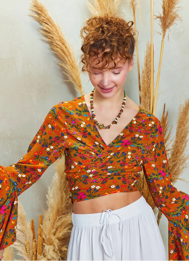 Gypsy Style Bell Sleeve Crop Top - Yellow Flower