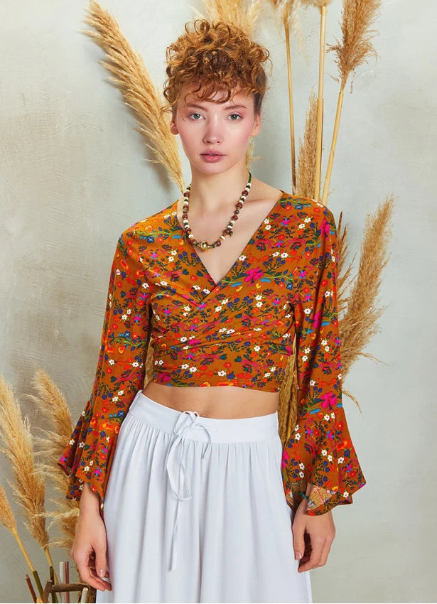 Gypsy Style Bell Sleeve Crop Top - Yellow Flower