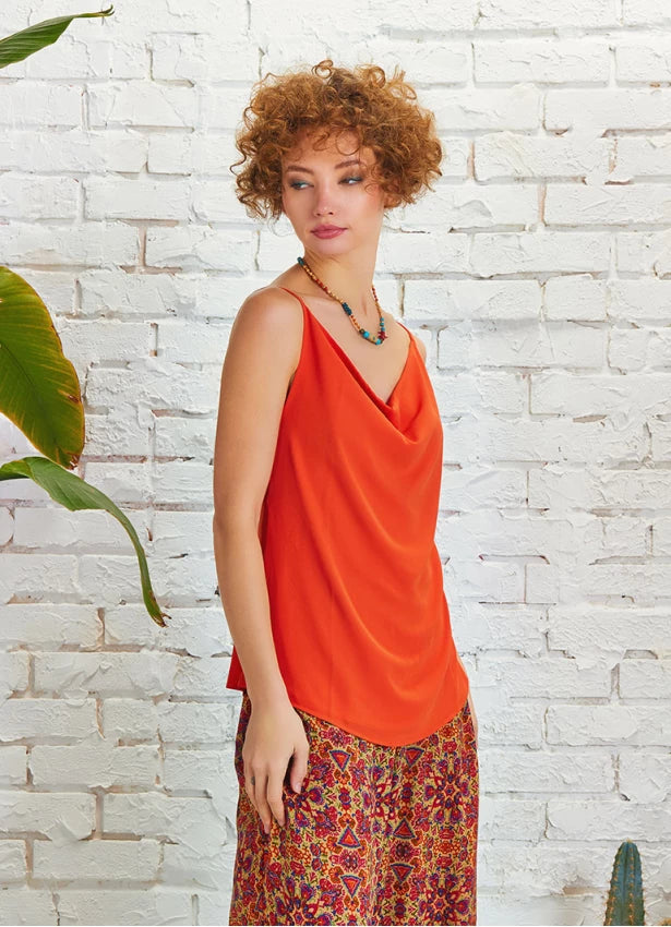 Plunging Bohemian Blouse Tangerine Orange