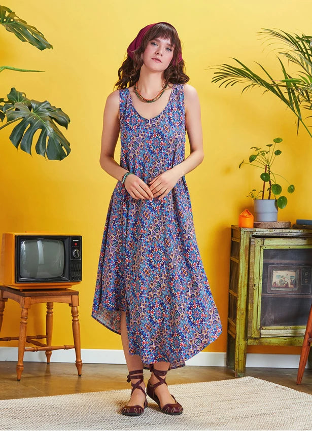 Blue Patterned Scoop Neck Round Hem Sleeveless Dress