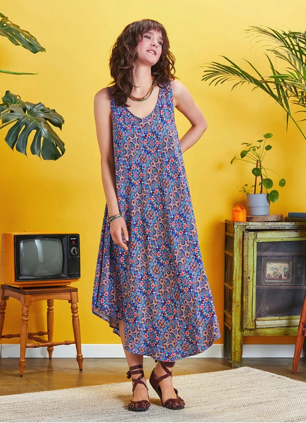 Blue Patterned Scoop Neck Round Hem Sleeveless Dress