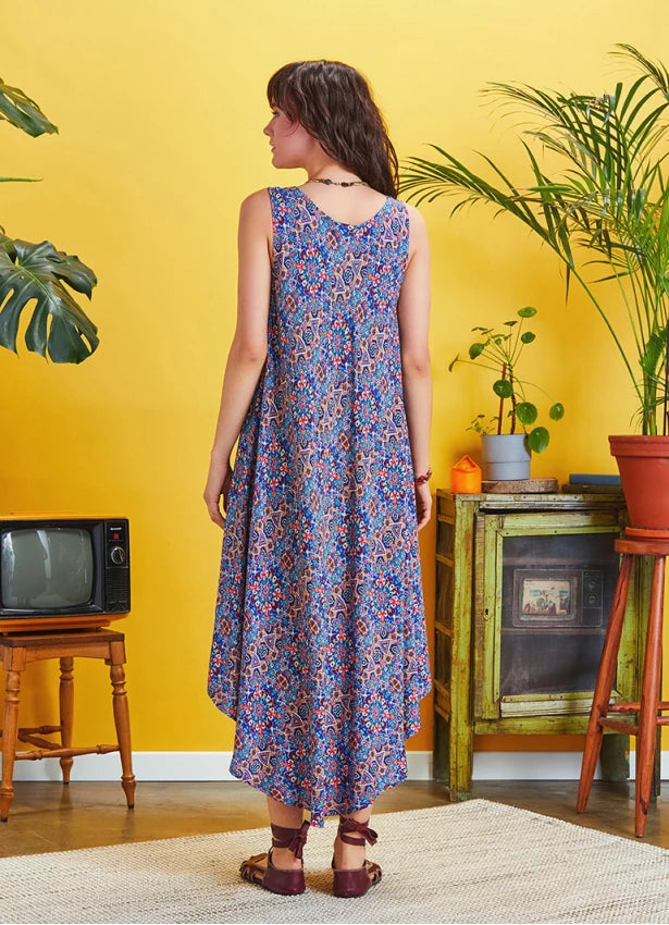 Blue Patterned Scoop Neck Round Hem Sleeveless Dress