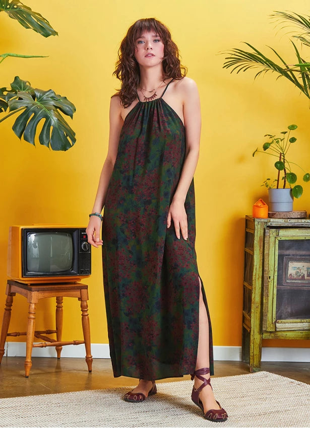Back Cut Out Halter Necline Maxi Slit Green Print Dress