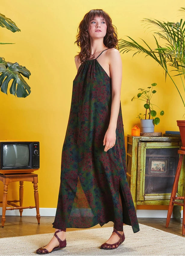 Back Cut Out Halter Necline Maxi Slit Green Print Dress