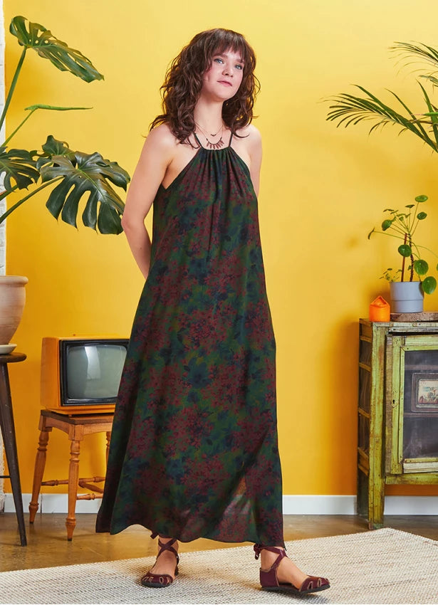 Back Cut Out Halter Necline Maxi Slit Green Print Dress