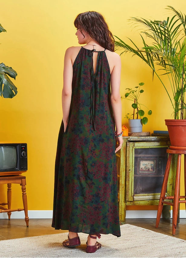 Back Cut Out Halter Necline Maxi Slit Green Print Dress