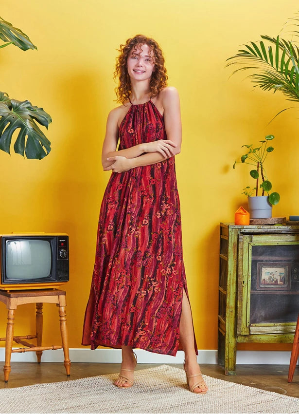 Back Cut Out Halter Necline Maxi Slit Red Print Dress