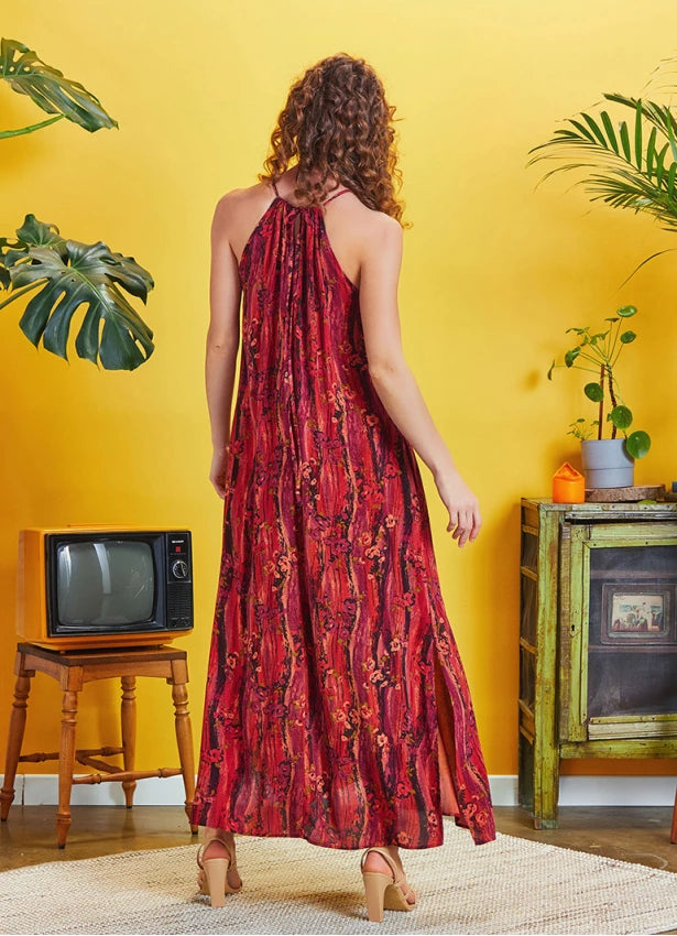 Back Cut Out Halter Necline Maxi Slit Red Print Dress