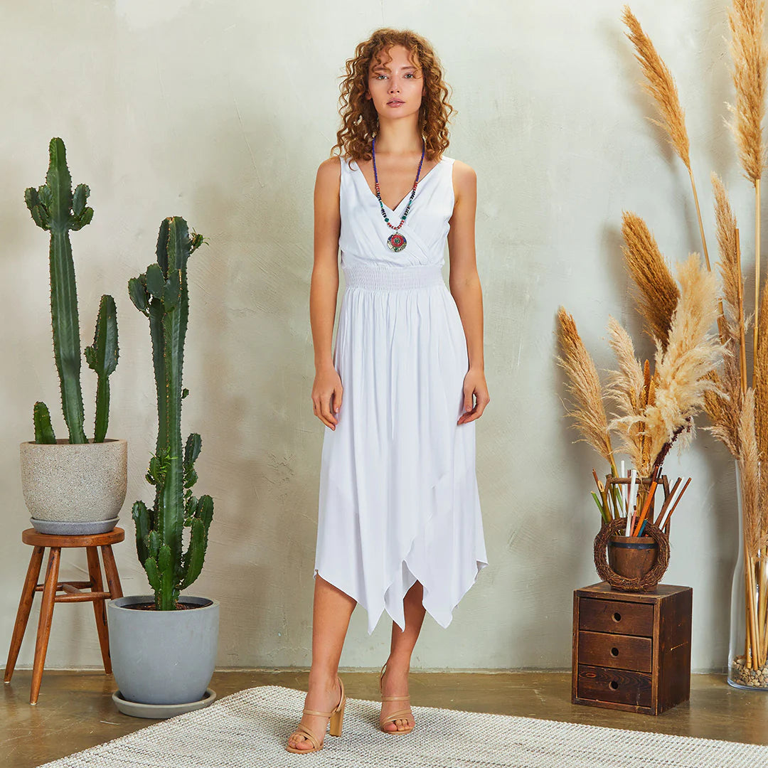 Double Breasted Collar Layered Boho Dress - White