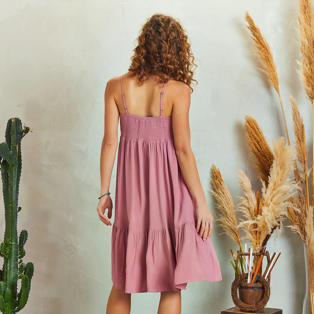 Strappy Square Neck Boho Style Tiered Pink Dress