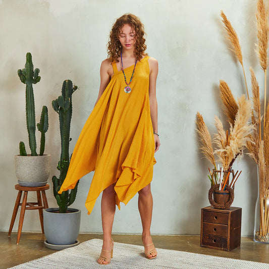 Loose Fit Midi Asymmetrical Yellow Dress