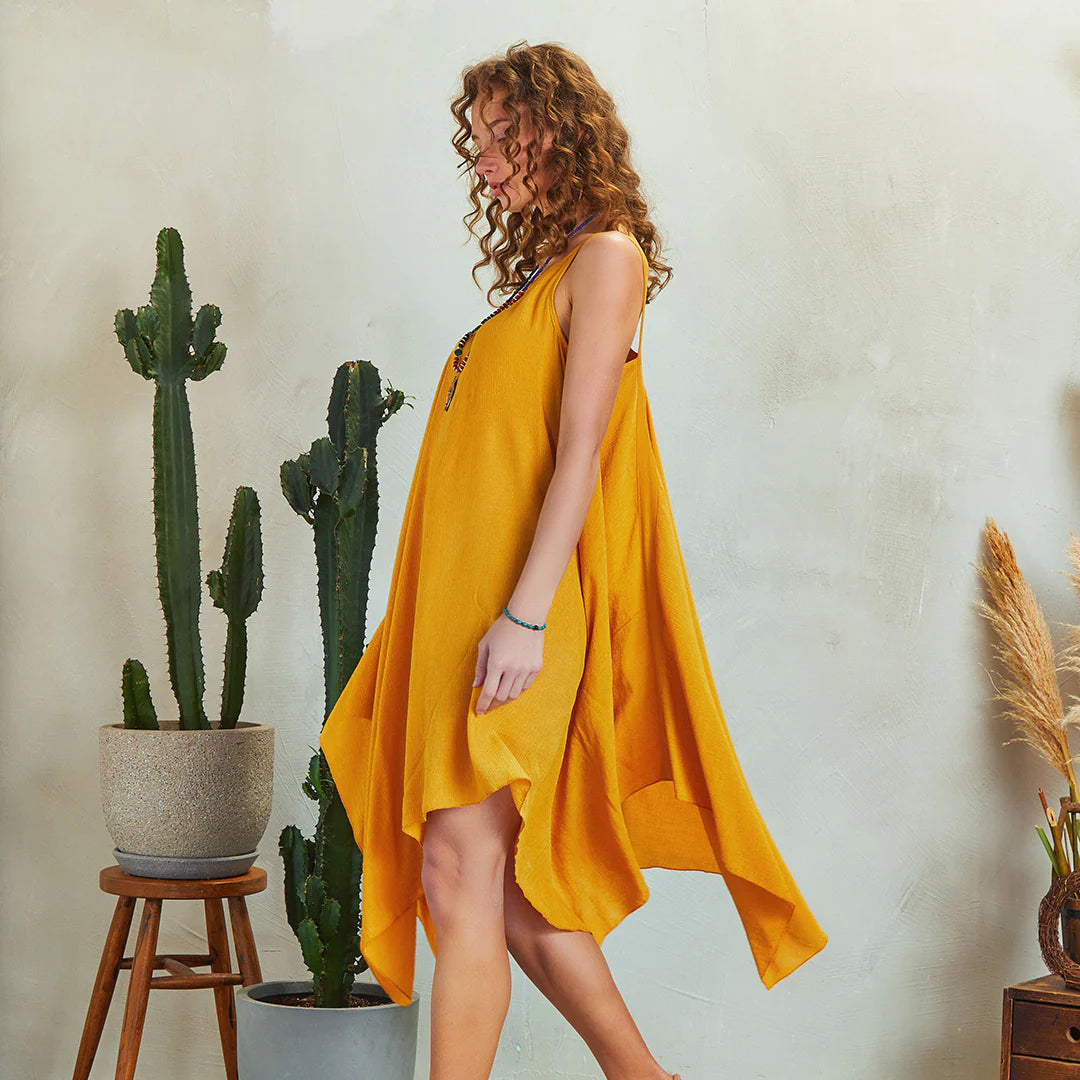 Loose Fit Midi Asymmetrical Yellow Dress