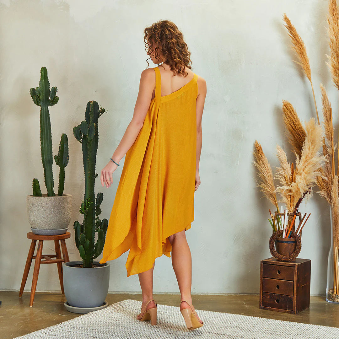 Loose Fit Midi Asymmetrical Yellow Dress