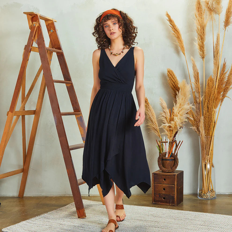 Double Breasted Collar Layered Boho Dress - Black