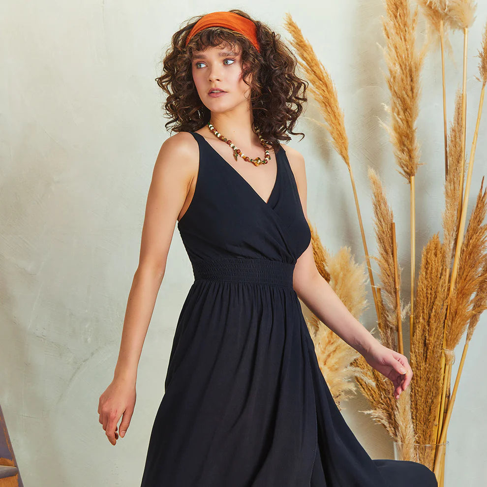 Double Breasted Collar Layered Boho Dress - Black