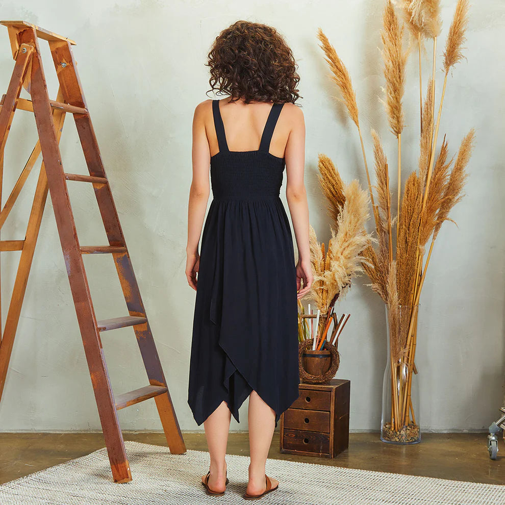 Double Breasted Collar Layered Boho Dress - Black