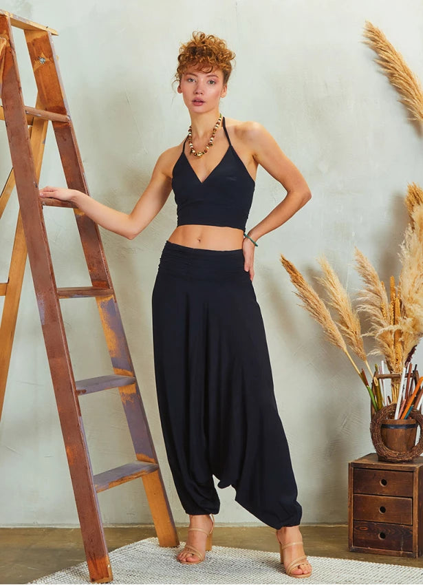 Draped Front Detail Elastic Waist Black Salwar Pants