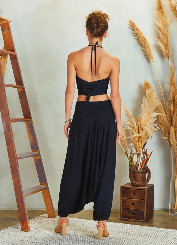 Draped Front Detail Elastic Waist Black Salwar Pants