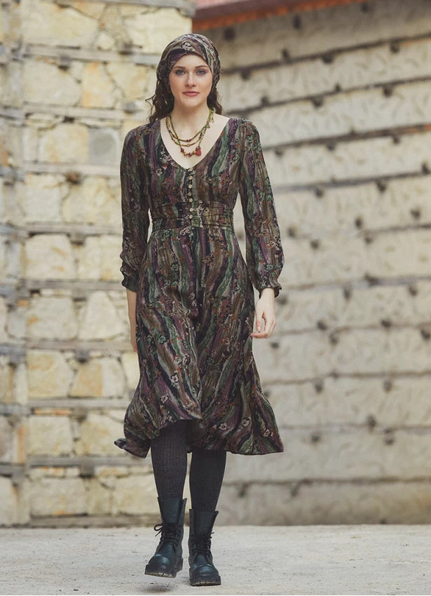 Boho Style Ruffle Sleeve Mink Patterned Dress