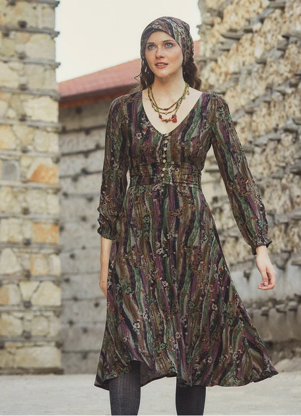 Boho Style Ruffle Sleeve Mink Patterned Dress