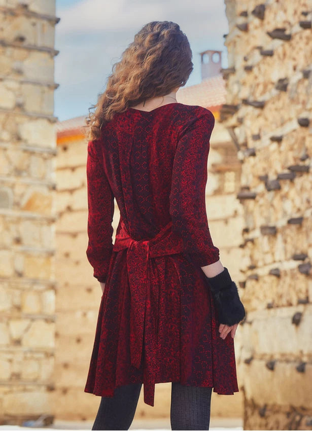 V Neck Sash Tie Midi Flared Red Dress