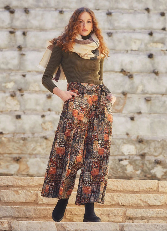 Khaki Printed Pockets Detailed Button-Up Wide Leg Pants