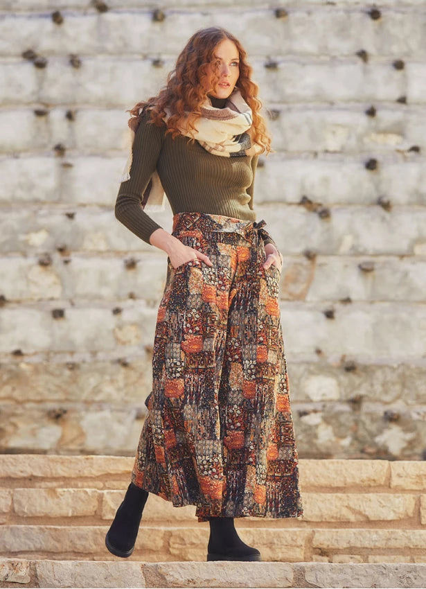 Khaki Printed Pockets Detailed Button-Up Wide Leg Pants