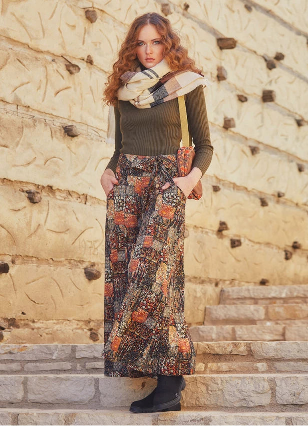 Khaki Printed Pockets Detailed Button-Up Wide Leg Pants