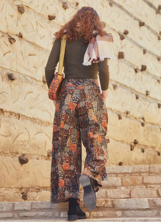 Khaki Printed Pockets Detailed Button-Up Wide Leg Pants