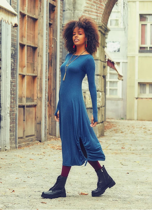 Boat Neckline Side String Detail Long Sleeve Blue Maxi Dress