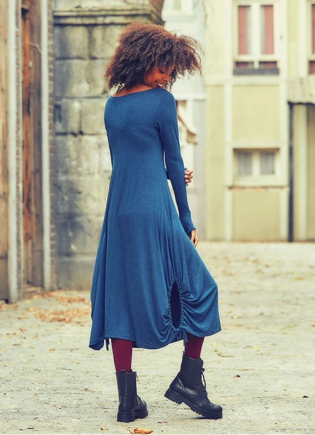 Boat Neckline Side String Detail Long Sleeve Blue Maxi Dress