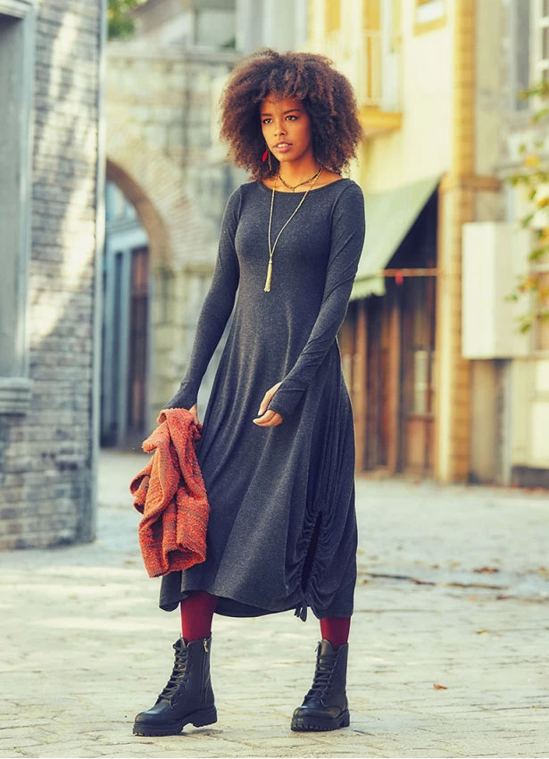 Boat Neckline Thumb Hole Detail Long Sleeve Maxi Dress Dark  Grey