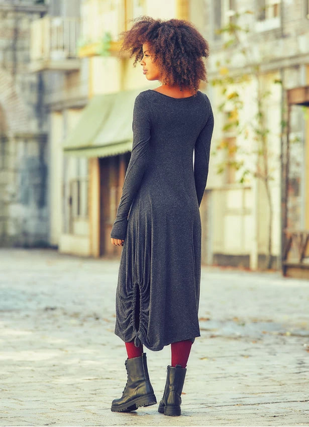 Boat Neckline Thumb Hole Detail Long Sleeve Maxi Dress Dark  Grey