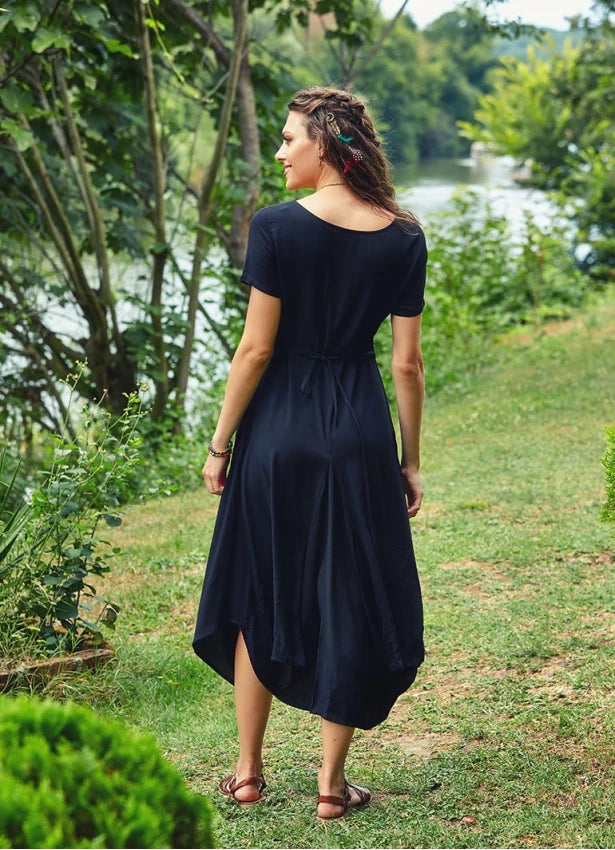 Bohemian Style Pocket Half Sleeve Long Black Dress