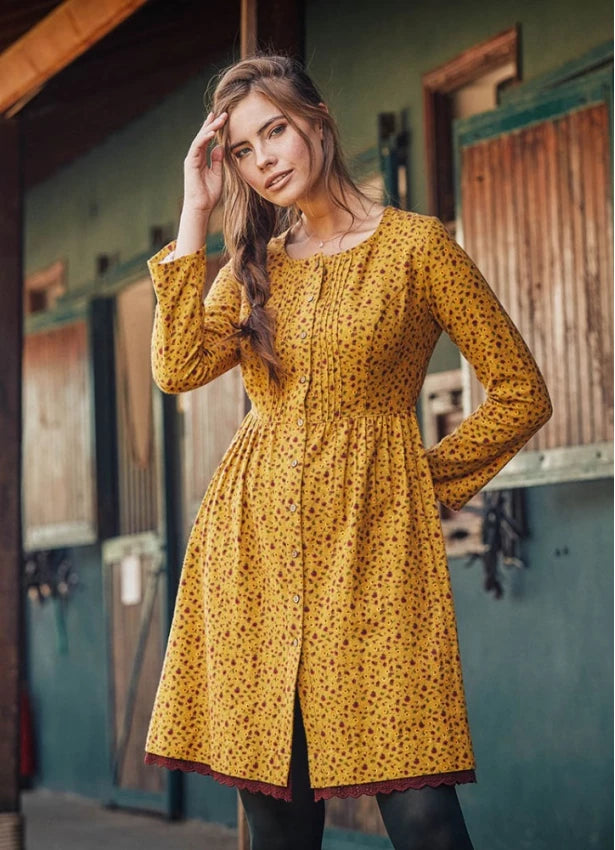 Lace Hem Long Sleeve Floral Mustard Shirt Dress