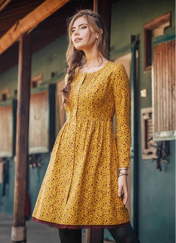 Lace Hem Long Sleeve Floral Mustard Shirt Dress