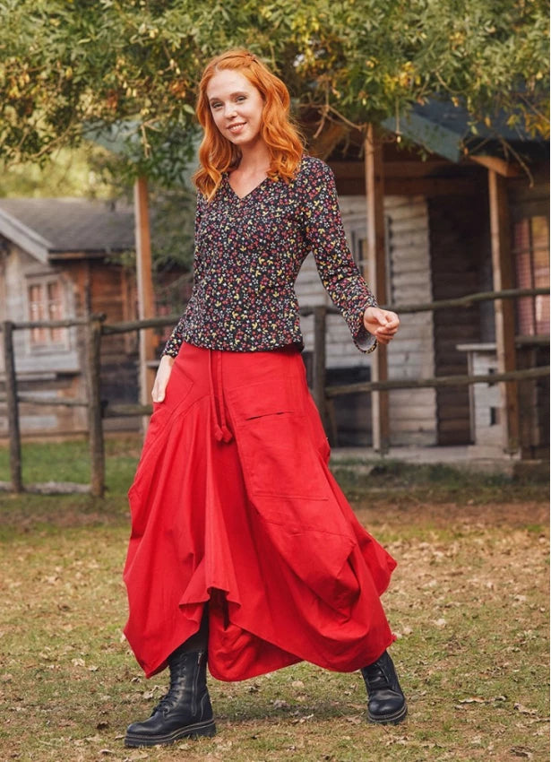 Oversize Pockets Elastic Waist Red Skirt