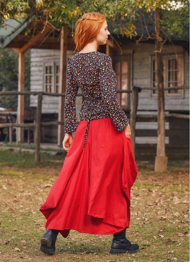 Oversize Pockets Elastic Waist Red Skirt