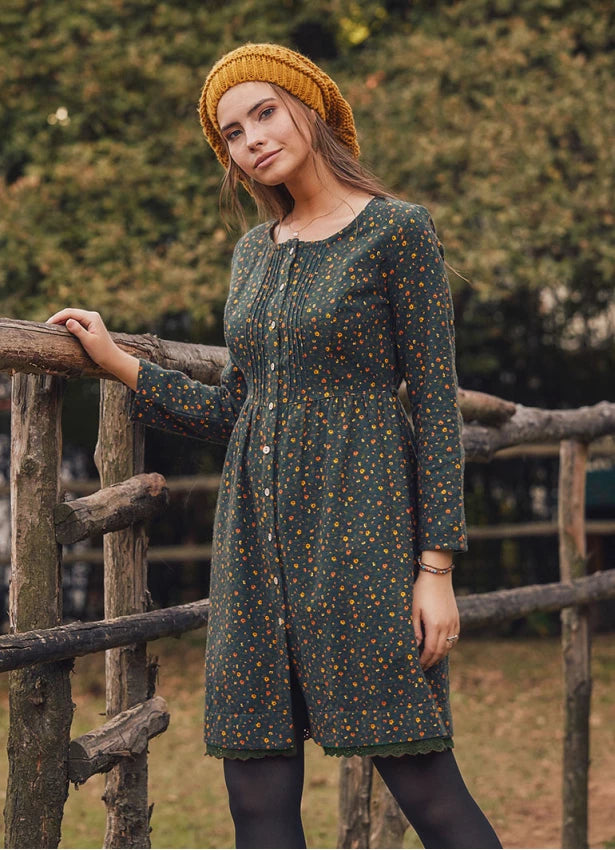 Lace Hem Long Sleeve Floral Green Shirt Dress