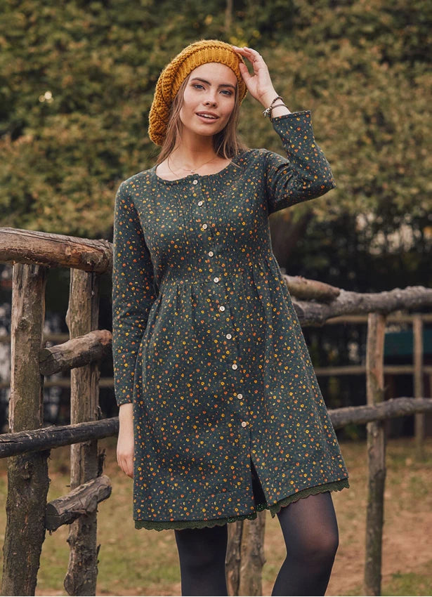 Lace Hem Long Sleeve Floral Green Shirt Dress