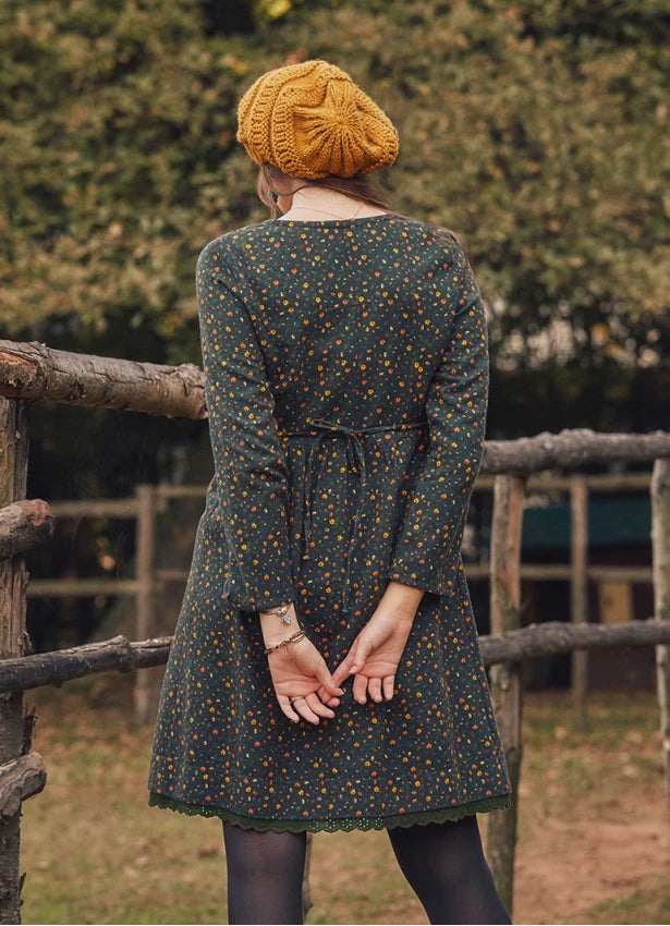Lace Hem Long Sleeve Floral Green Shirt Dress